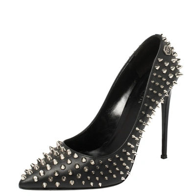 Pre-owned Philipp Plein Black Leather Spiked Taylor Pumps Size 37.5