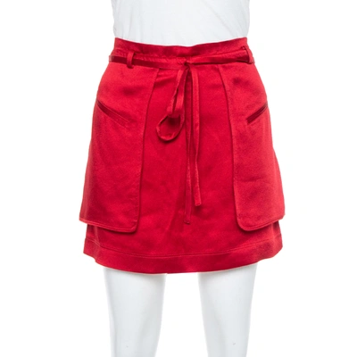 Pre-owned Valentino Berry Red Satin Waist Tie Detail Cargo Mini Skirt S
