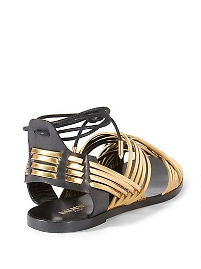 Shop Balmain Matti Woven Metallic Leather Ankle-tie Sandals In Gold