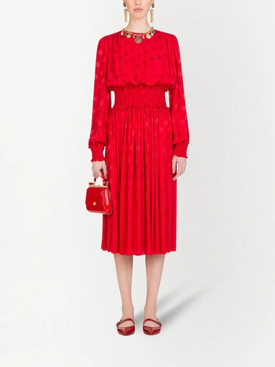 Shop Dolce & Gabbana Shirred-panel Flocked Dress In Red