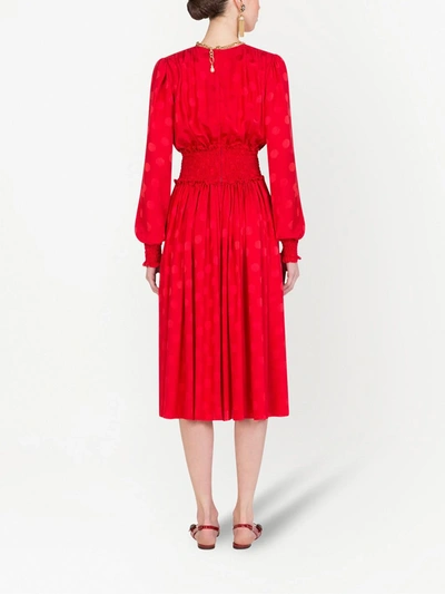 Shop Dolce & Gabbana Shirred-panel Flocked Dress In Red