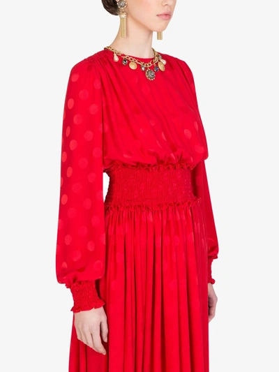 Shop Dolce & Gabbana Shirred-panel Flocked Dress In Red