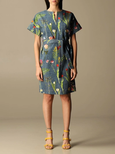 Shop Boutique Moschino Short Dress With Botanical Pattern In Denim