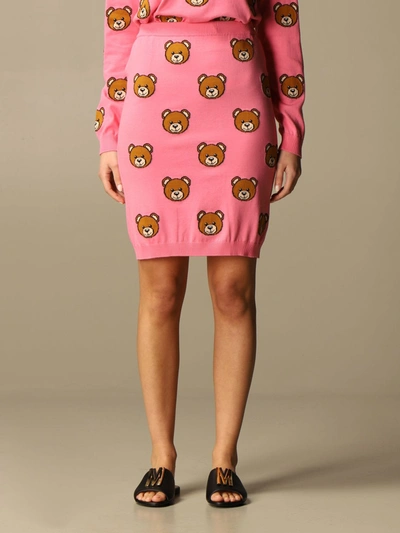 Shop Moschino Couture Knit Skirt With All-over Teddy In Pink