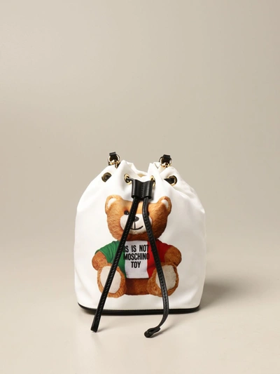 Shop Moschino Couture Nylon Bucket Bag With Teddy In White