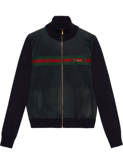 Shop Gucci Suede Bomber Jacket In Blue