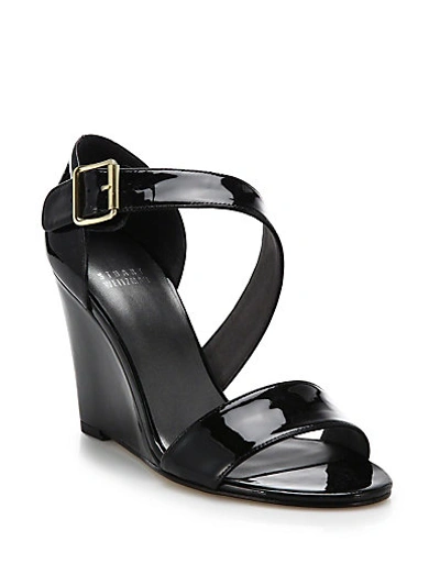 Stuart Weitzman Lineone Patent Leather Wedge Sandals In Black
