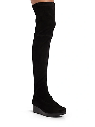 Robert Clergerie Stretch Suede Over-the-knee Platform Wedge Boots In Black