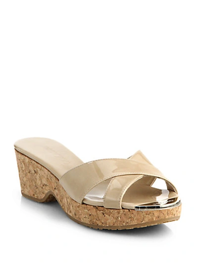 Shop Jimmy Choo Panna Patent Leather Cork Wedge Slides In Nude