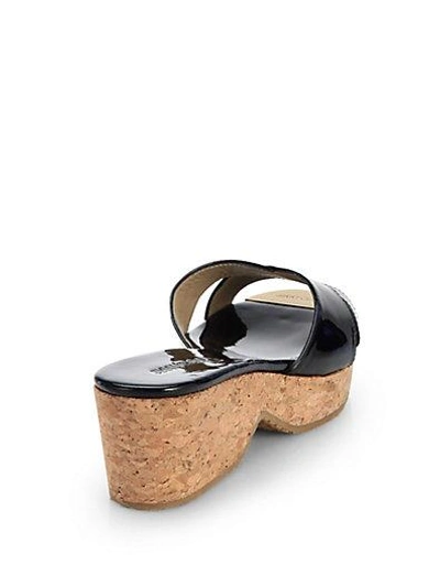 Shop Jimmy Choo Panna Patent Leather Cork Wedge Slides In Nude