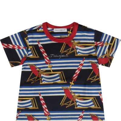 Shop Dolce & Gabbana Blue T-shirt For Baby Boy With Beach Chairs