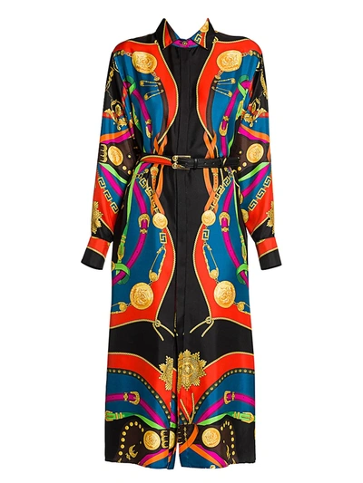 Shop Versace Women's Rodeo Night Silk Twill Belted Shirtdress In Black Multi