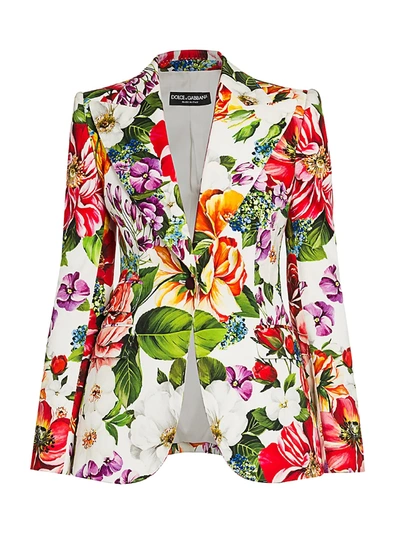 Shop Dolce & Gabbana Women's Floral-print Cotton Drill Blazer In White Red Orange