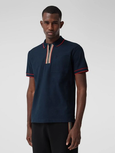Shop Burberry Icon Stripe Detail Cotton Zip-front Polo Shirt In Navy