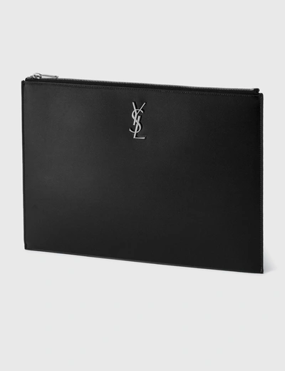 Shop Saint Laurent Ysl Monogram Leather Pouch In Black