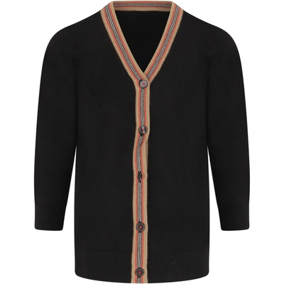 Shop Burberry Black Cardigan For Kids With Iconic Stripes