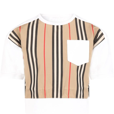 Shop Burberry White T-shirt For Kids With Iconic Stripes