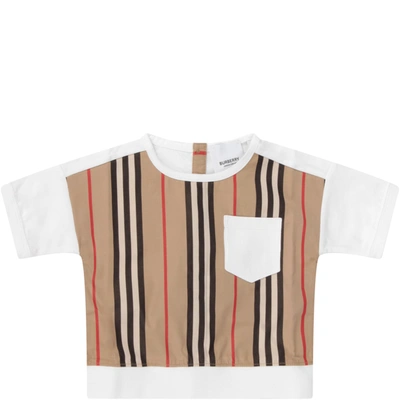 Shop Burberry White T-shirt For Baby Kid With Iconic Stripes