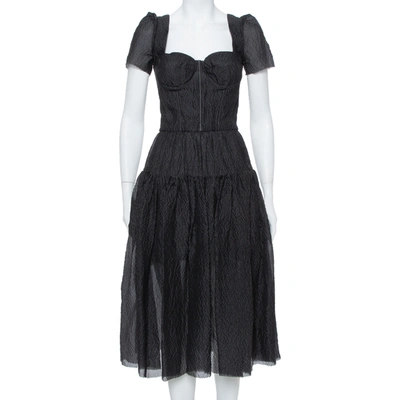 Pre-owned Dolce & Gabbana Black Textured Silk Corset Detail Flared Midi Dress S