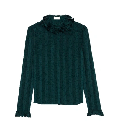 Shop Saint Laurent Ruffled Striped Silk Blouse In Green