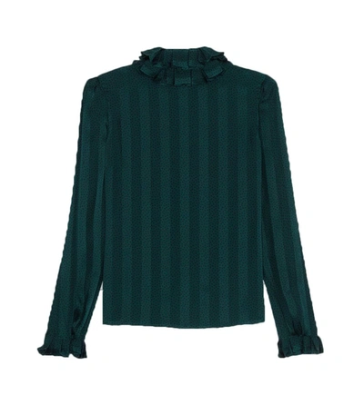 Shop Saint Laurent Ruffled Striped Silk Blouse In Green