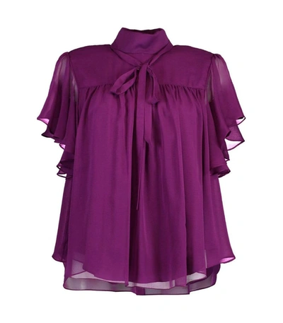 Shop Adam Lippes Silk Chiffon Flounce Sleeve Top In Fuchsia