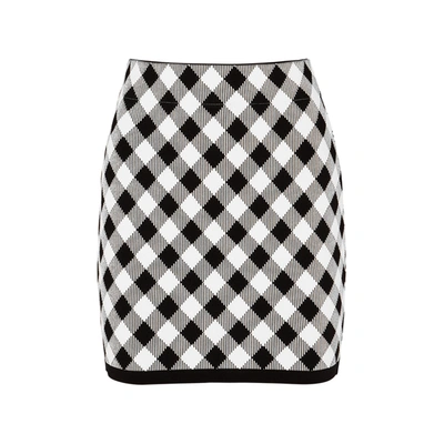 Shop Balmain Monochrome Gingham Stretch-knit Mini Skirt In Black And White