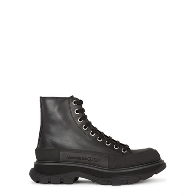 Shop Alexander Mcqueen Tread Black Leather Ankle Boots