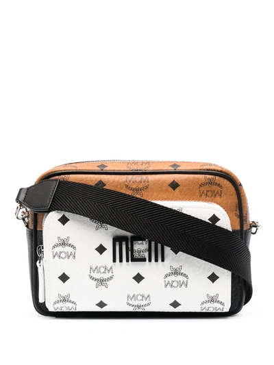 Mcm Men's Small Klassik Visetos Mix Logo Two-tone Leather-trim Crossbody Bag  In Cognac Mix
