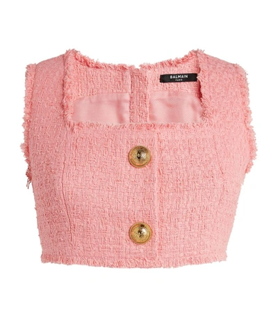 Shop Balmain Tweed Buttoned Crop Top