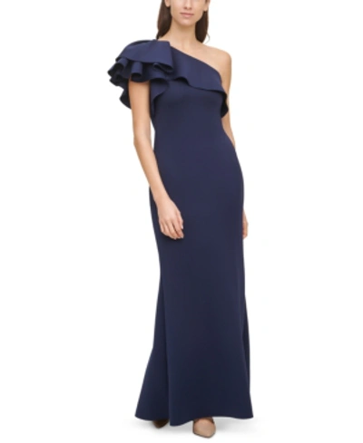 Shop Eliza J Ruffled One-shoulder Gown In Navy