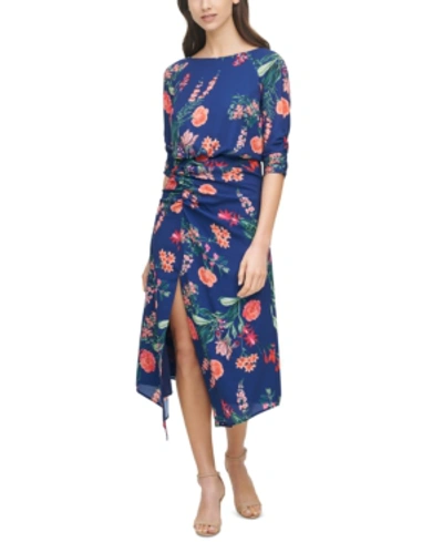 Shop Vince Camuto Floral Crepe Midi Dress In Navy Multi