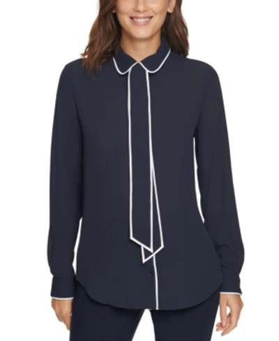 Shop Dkny Piped-trim Button-up Blouse In Navy/white