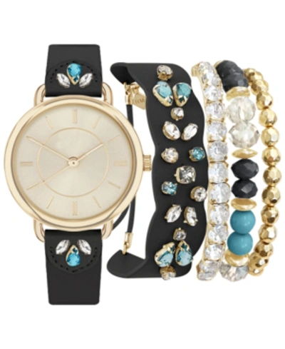 Shop Jessica Carlyle Women's Analog Black Jeweled Strap Watch 34mm With Matching Bracelets Set In Gold, Black