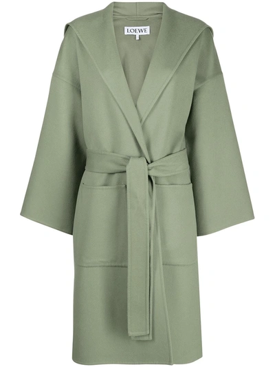 Shop Loewe Hooded Belted Coat In Green