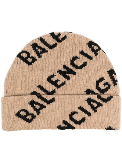Shop Balenciaga Allover Logo Wool Beanie In Beige