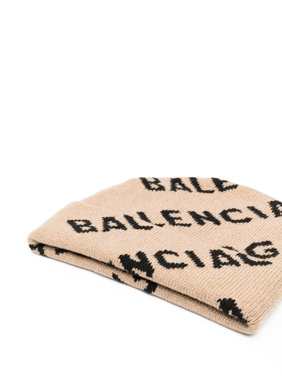 Shop Balenciaga Allover Logo Wool Beanie In Beige