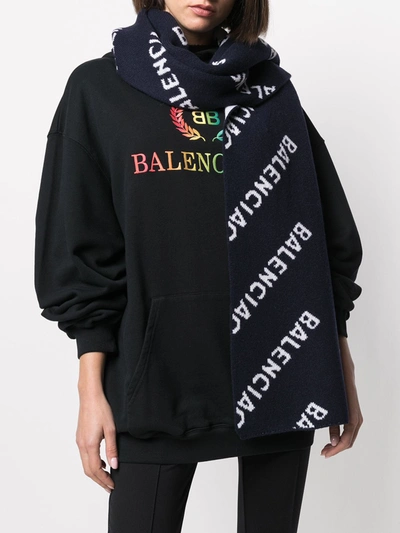 Shop Balenciaga Allover Logo Wool Scarf In Blue