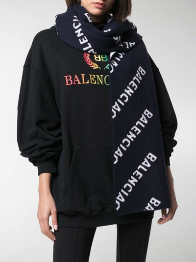 Shop Balenciaga Allover Logo Wool Scarf In Blue