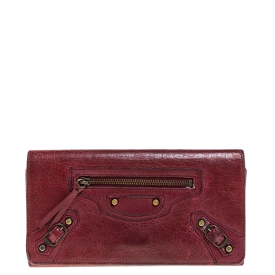 Pre-owned Balenciaga Bordeaux Leather City Wallet In Red