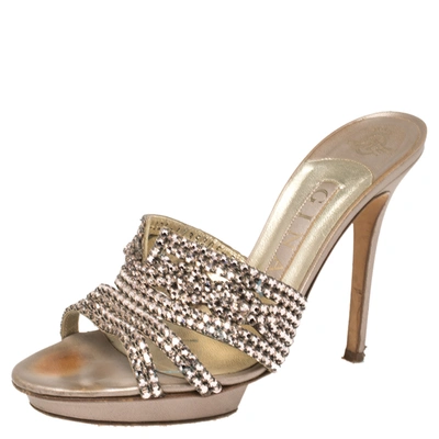 Pre-owned Gina Rose Gold Crystal Embellished Leather Slide Sandals Size 38.5