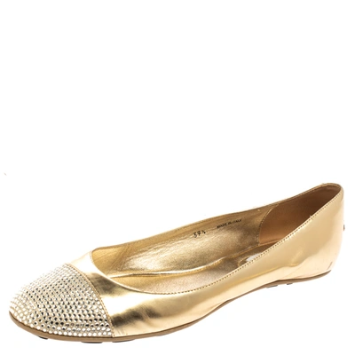 Pre-owned Jimmy Choo Metallic Gold Leather Waine Crystal Embellished Cap Toe Ballet Flats Size 39.5