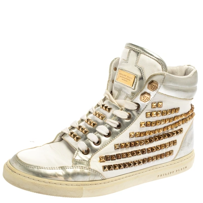 Pre-owned Philipp Plein White Leather Studded High Top Sneakers Size 39.5