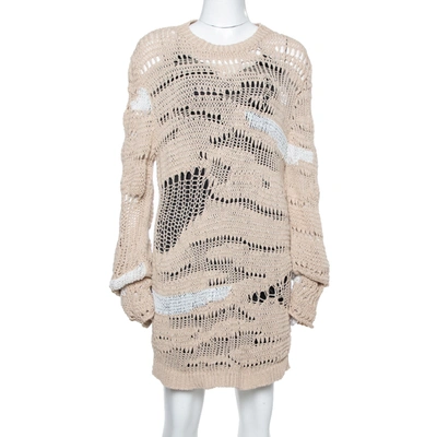 Pre-owned Balmain Beige & White Distressed Linen Knit Crew Neck Sweater M