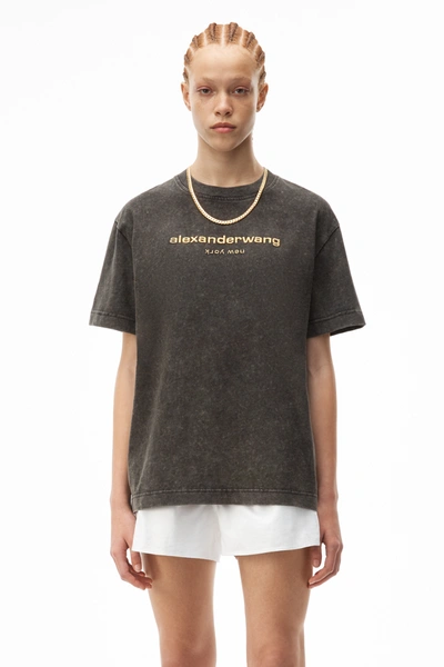 Women's Acid Wash Embroidered T-shirt In Acid Black