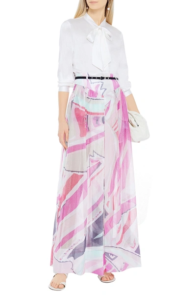Shop Emilio Pucci Belted Printed Metallic Silk-blend Jacquard Maxi Skirt In White