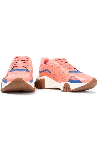 Shop Versace Paneled Leather And Mesh Sneakers In Antique Rose