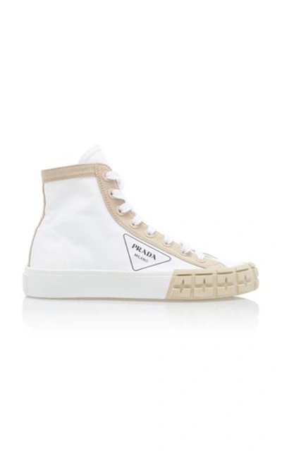 Shop Prada Two-tone Gabardine High Top Sneakers In White