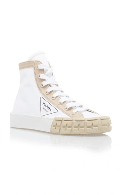 Shop Prada Two-tone Gabardine High Top Sneakers In White