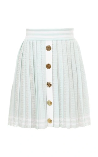 Shop Balmain Women's Pleated Monogrammed Jacquard Skirt In Green